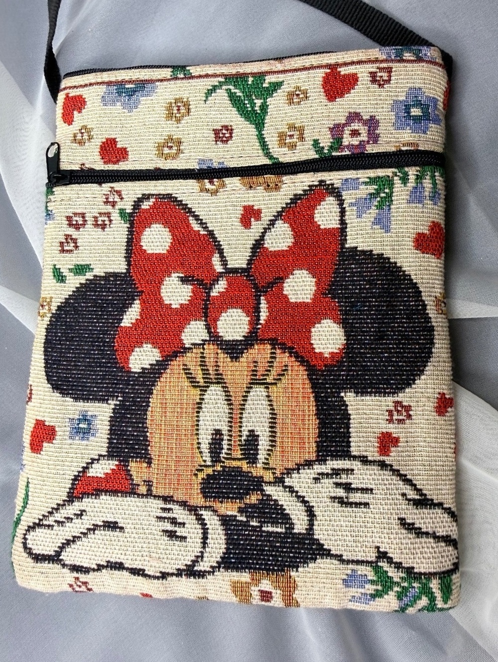 Disney Minnie Mouse Tapestry Crossbody Purse Canvas Floral Zip Bag Y2K 48” Strap